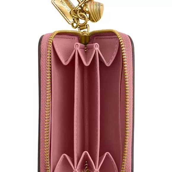 COACH Essential Spazzolato Leather Zip-around Card Case w/ Charms, peony, cherry - Picture 4 of 15